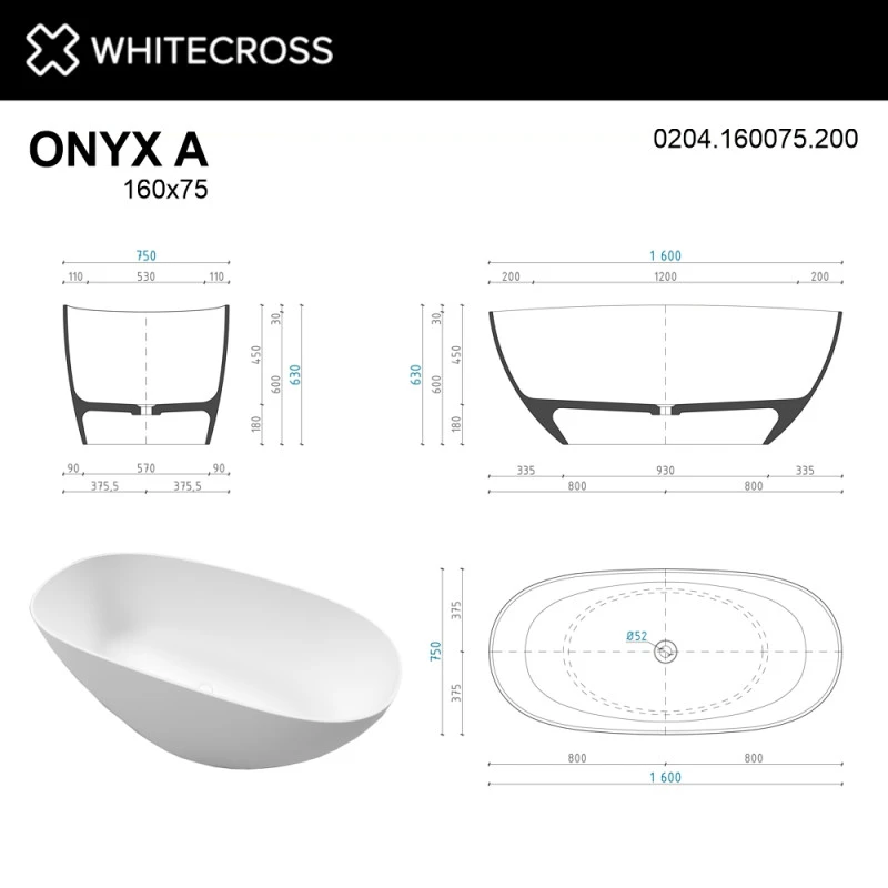 Ванна из литьевого мрамора Whitecross Onyx A 160х75 белая матовая 0204.160075.200 - 3