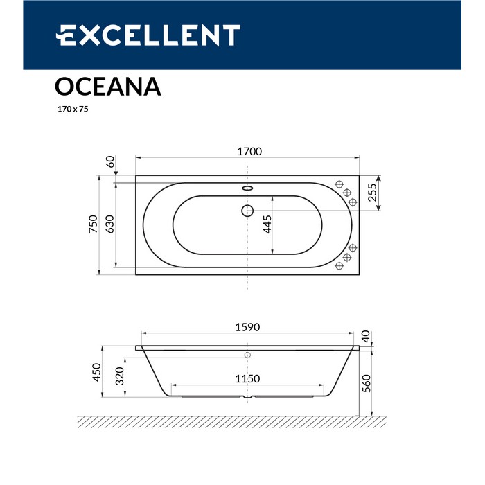 Ванна акриловая Excellent Oceana Line 170х75 с гидромассажем белый - бронза WAEX.OCE17.LINE.BR - 7
