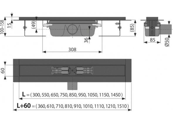 Водоотводящий желоб с порогами для перфорированной решетки, черный-мат горизонтальный сток, 750 мм, APZ1BLACK-750 - 1