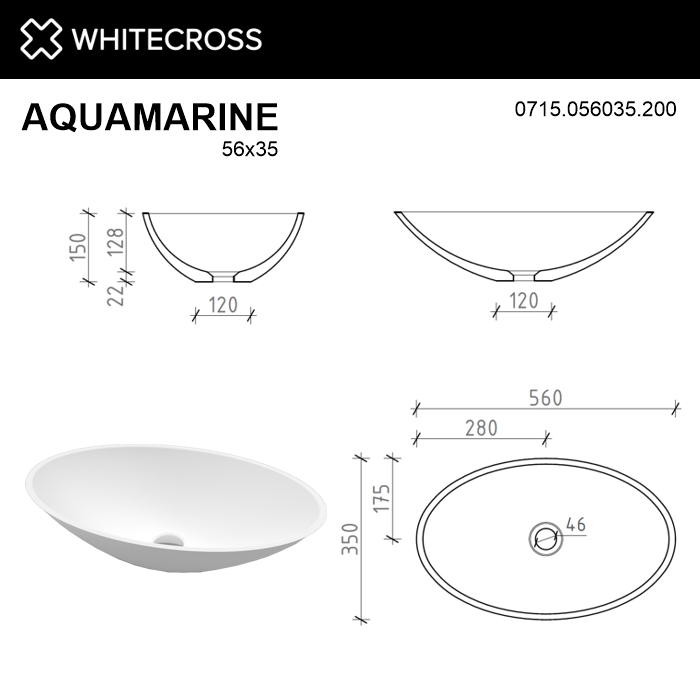 Раковина накладная Whitecross Aquamarine 56x35 белый матовый 0715.056035.200 - 6