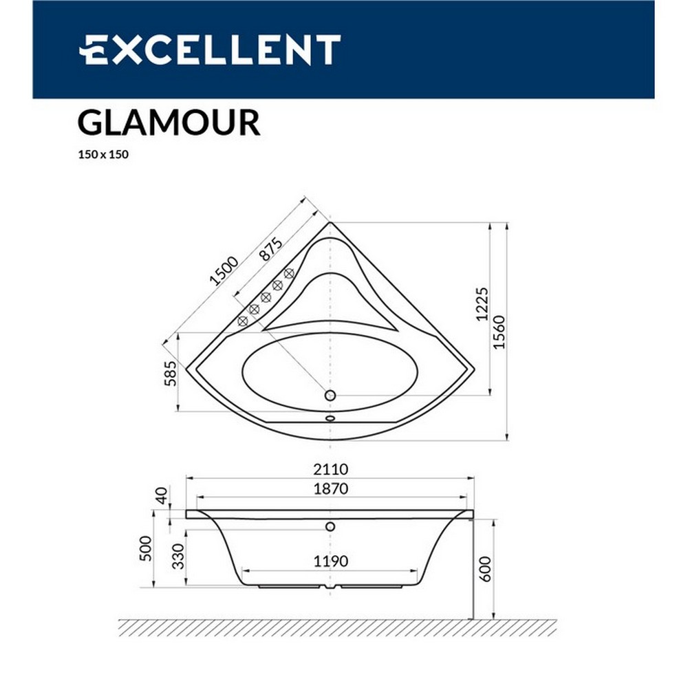 Ванна акриловая Excellent Glamour Smart 150х150 с гидромассажем белый - золото WAEX.GLA15.SMART.GL - 8
