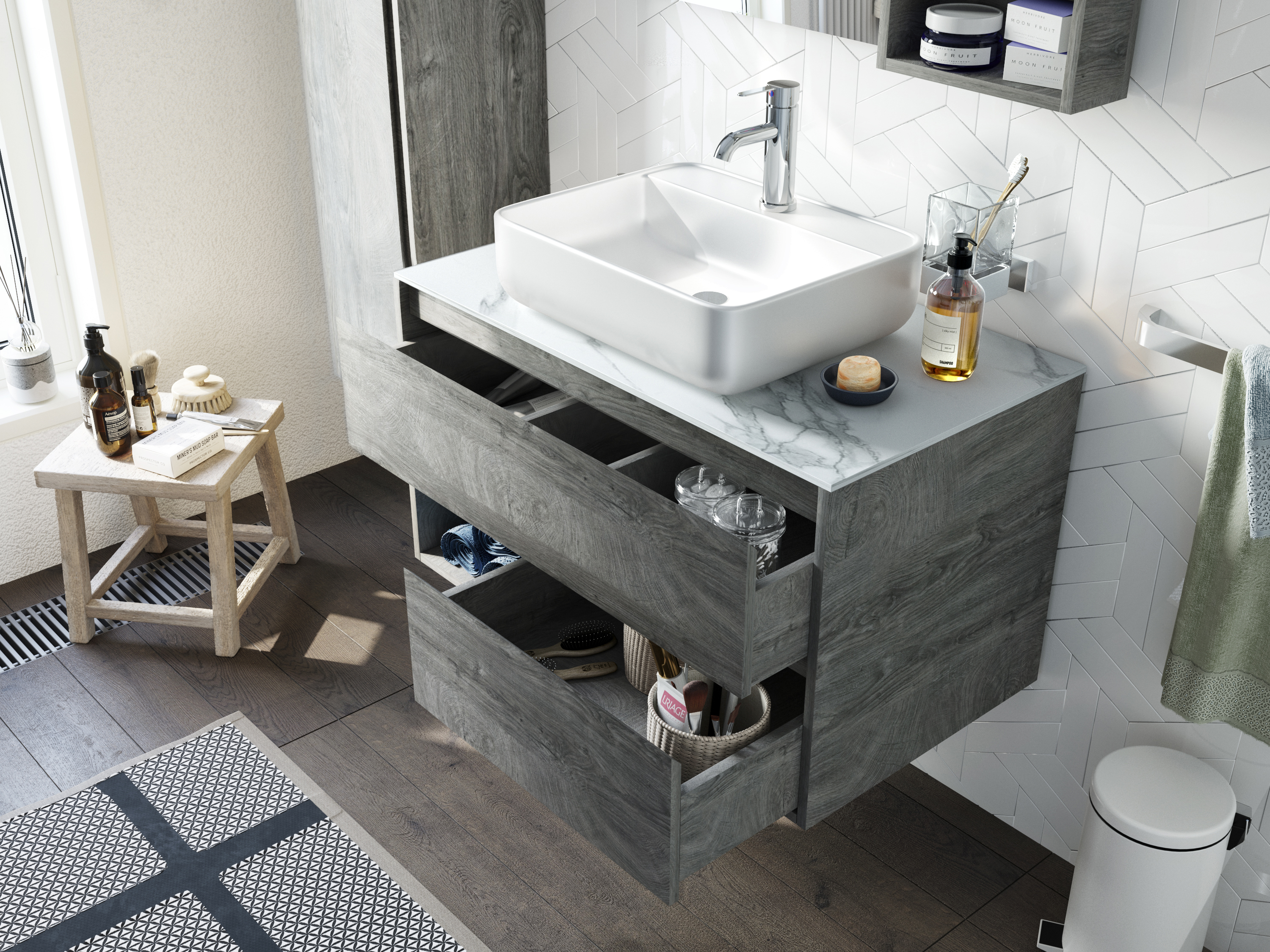 Мебель для ванной STWORKI Карлстад 90 дуб рошелье, монте тиберио, в стиле лофт, серая, подвесная (комплект, гарнитур) 425502 - 3