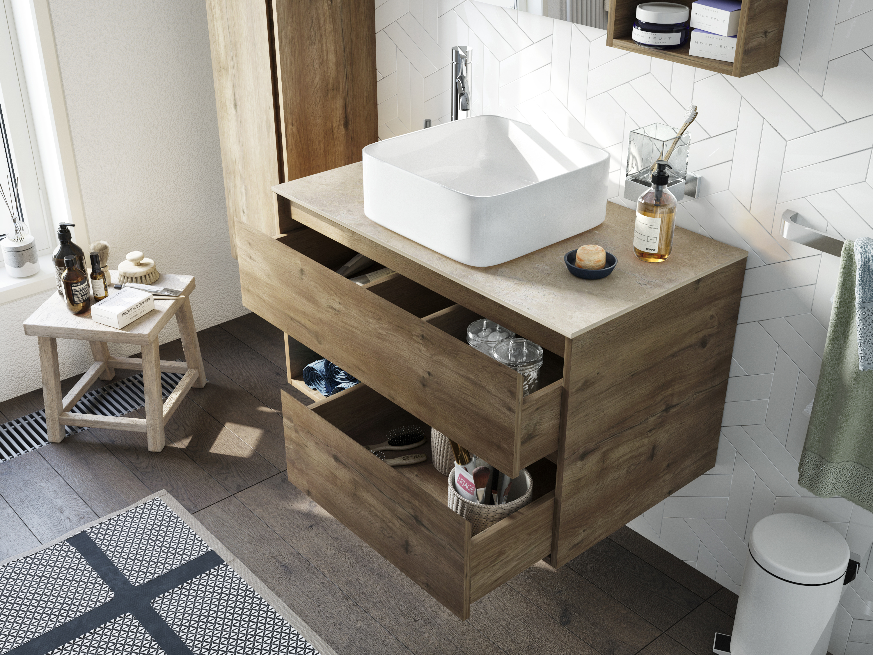 Мебель для ванной STWORKI Карлстад 90 дуб рустикальный, простоун беж, с отверстием для смесителя в столешнице 425508 - 3