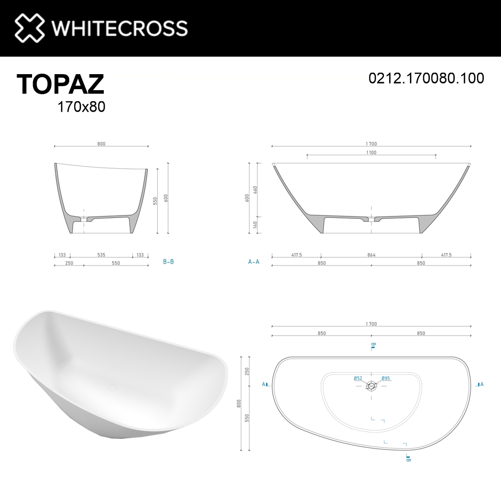 Ванна из искусственного камня Whitecross Topaz 170х80 белый матовый 0212.170080.200 - 6