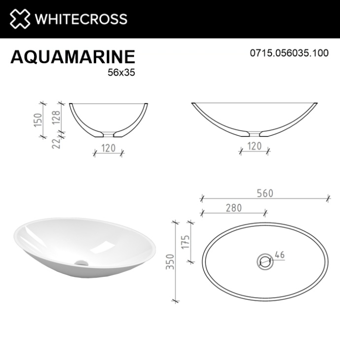 Раковина накладная Whitecross Aquamarine 56x35 белый 0715.056035.100 - 6
