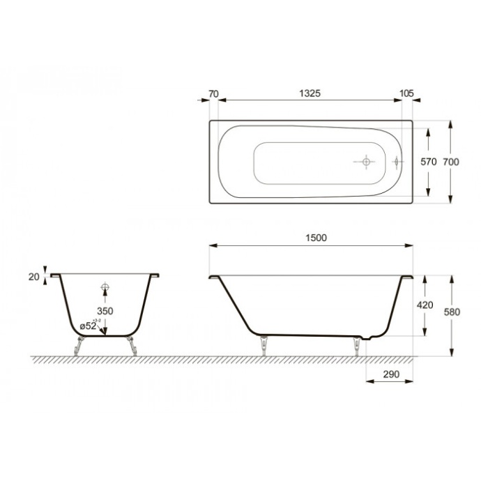 Ванна чугунная Delice Continental 150х70 с антискользящим покрытием  DLR230612-AS - 1