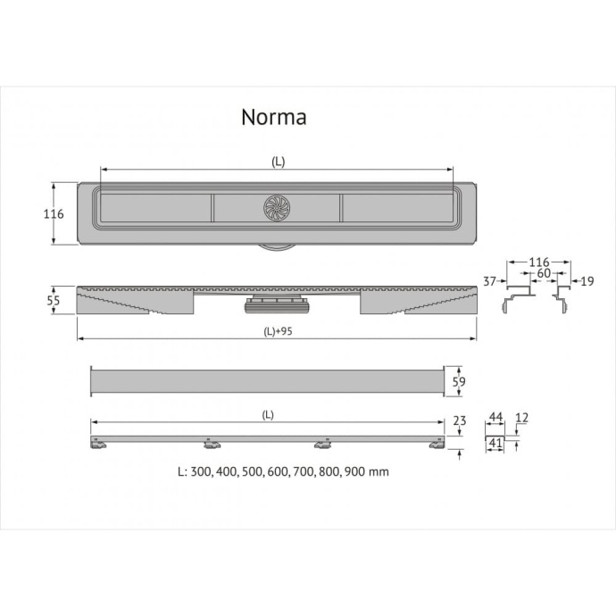 Желоб BERGES водосток C1 Norma 900, матовый хром, S-сифон D50 H60 боковой 90140 - 7