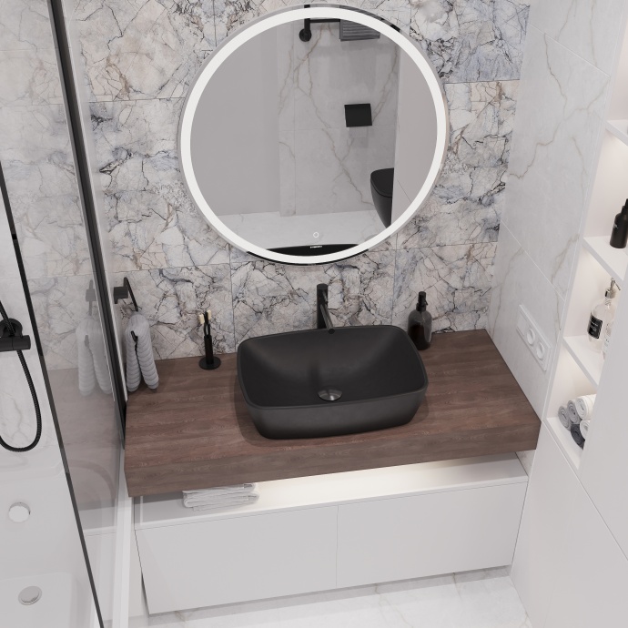 Мебель для ванной STWORKI Ольборг 120 столешница дуб карпентер, без отверстий, 2 тумбы 60, с раковиной Vitra Shift черной 542634 - 2