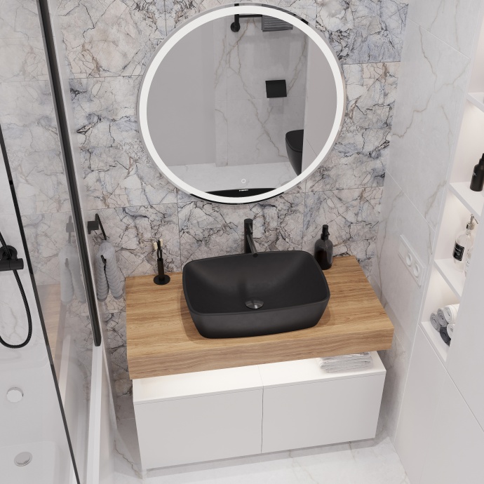 Мебель для ванной STWORKI Ольборг 100 столешница дуб французский, без отверстий, 2 тумбы 50, с раковиной Vitra Shift черной 542494 - 3