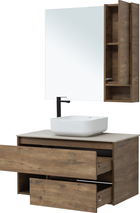 Мебель для ванной STWORKI Карлстад 90 дуб рустикальный, простоун беж, с отверстием для смесителя в столешнице 425508 - 6