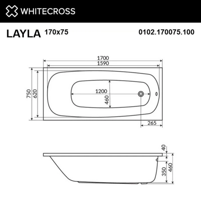 Акриловая ванна Whitecross Layla 170х75 белая хром с гидромассажем 0102.170075.100.RELAX.CR - 1