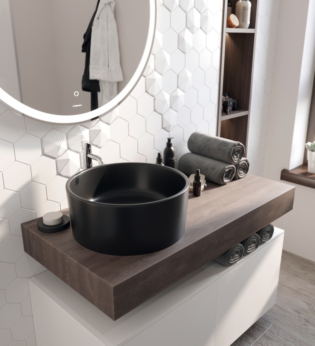 Мебель для ванной STWORKI Ольборг 100 столешница дуб карпентер, без отверстий, 2 тумбы 50, с раковиной BOCCHI Vessel черной 485169 - 4