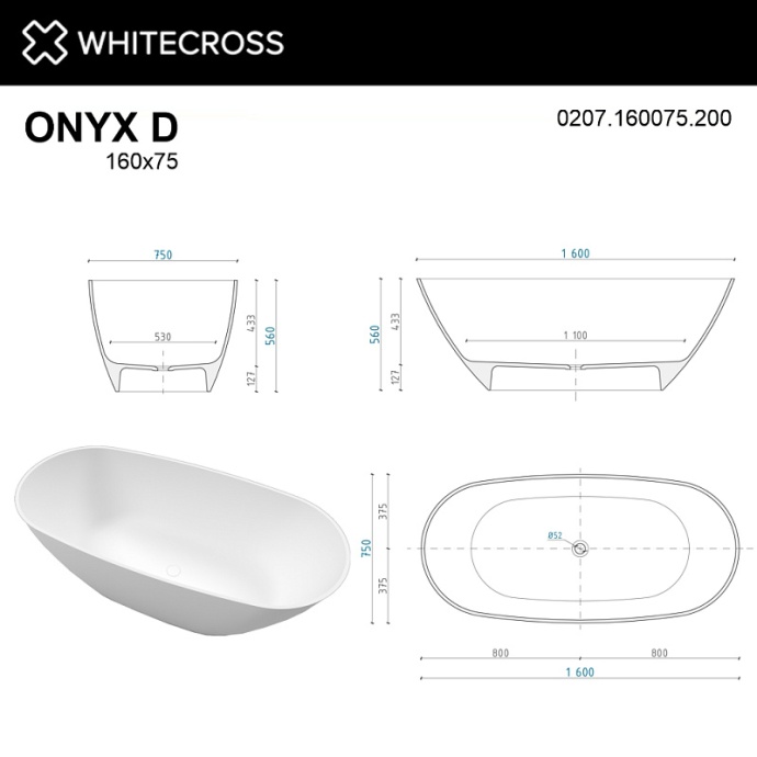 Ванна из литьевого мрамора Whitecross Onyx D 160x75 белая матовая 0207.160075.200 - 2