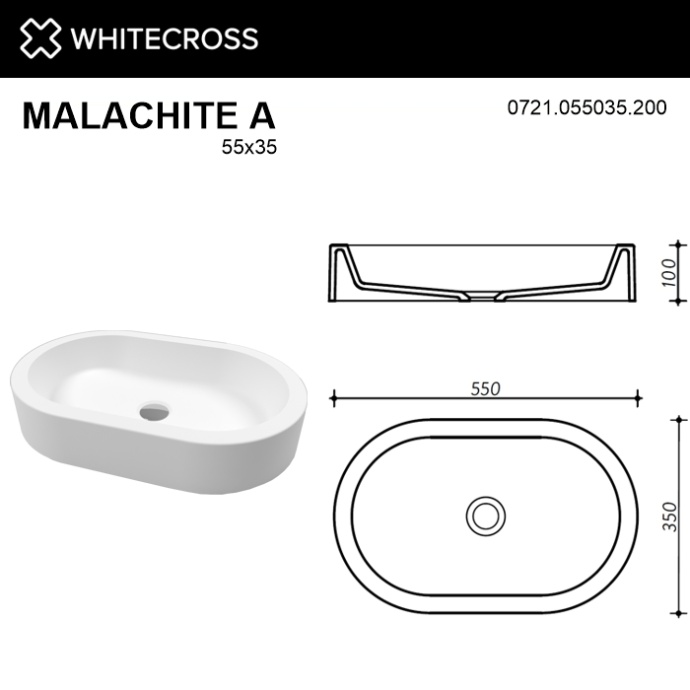 Раковина накладная Whitecross Malachite A 55х35 белая матовая 0721.055035.200 - 3