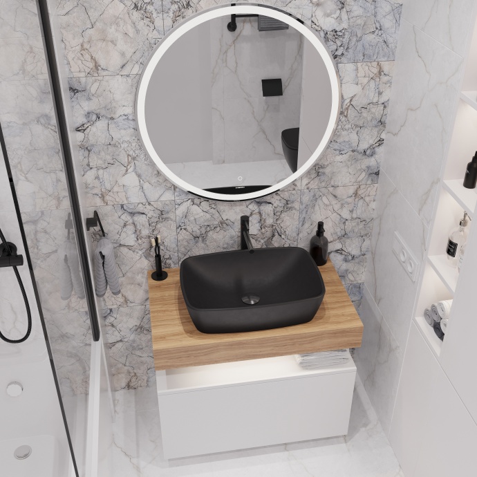 Мебель для ванной STWORKI Ольборг 80 столешница дуб французский, без отверстий, с тумбой 80, с раковиной Vitra Shift черной 542488 - 3