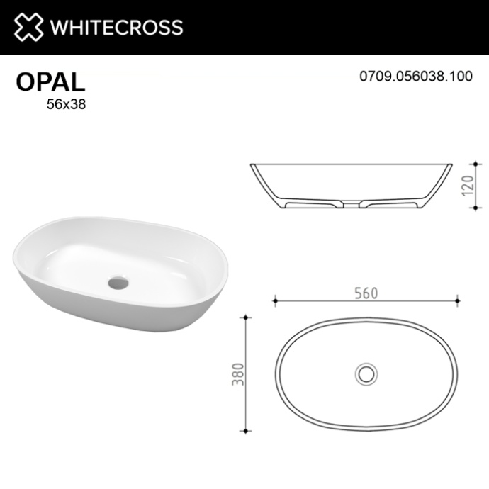 Раковина накладная Whitecross Opal 56х38 белая глянцевая 0709.056038.100 - 3