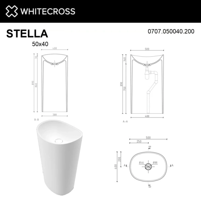 Раковина напольная Whitecross Stella 50х40 белая матовая 0707.050040.200 - 4
