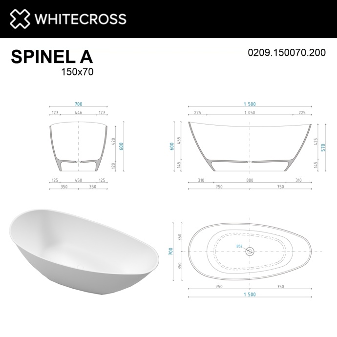 Ванна из искусственного камня Whitecross Spinel А 150х70 белый матовый 0209.150070.200 - 6