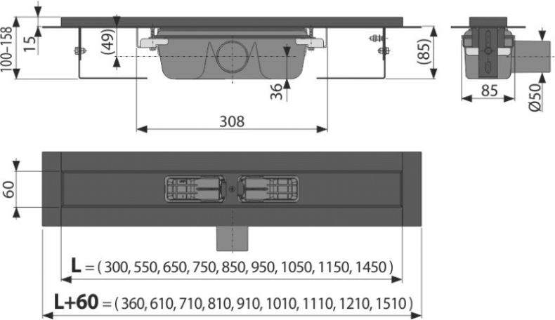 Водоотводящий желоб с порогами для перфорированной решетки, черный-мат горизонтальный сток, 850 мм, APZ1BLACK-850 - 1