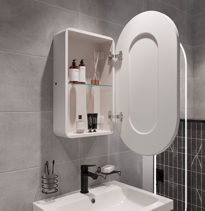 Зеркало-шкаф STWORKI Мальмё МВК074 45, с подсветкой, белый, прямоугольный, навесной, овальный, в стиле лофт - 8