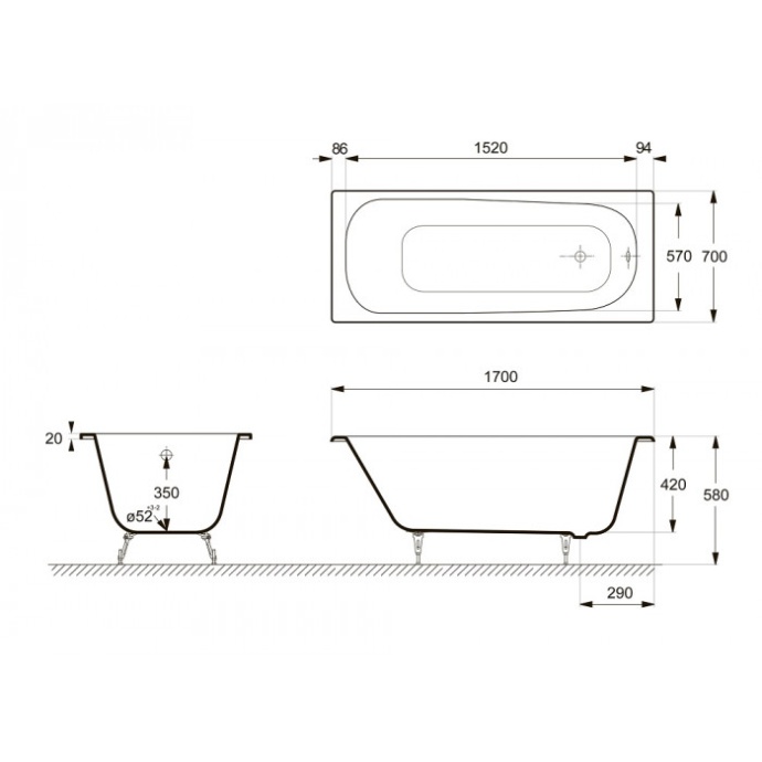 Ванна чугунная Delice Continental 170х70 с антискользящим покрытием  DLR230613-AS - 1