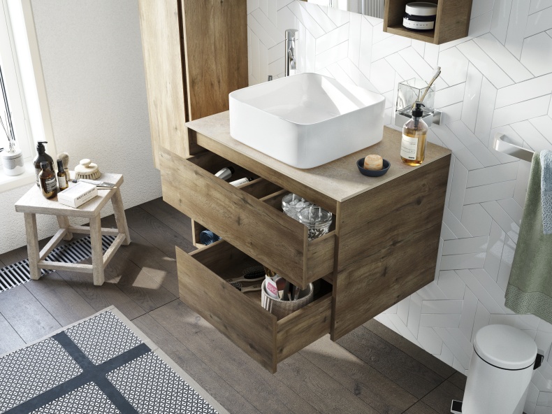Мебель для ванной STWORKI Карлстад 75 дуб рустикальный, простоун беж, с отверстием для смесителя в столешнице 425264 - 2