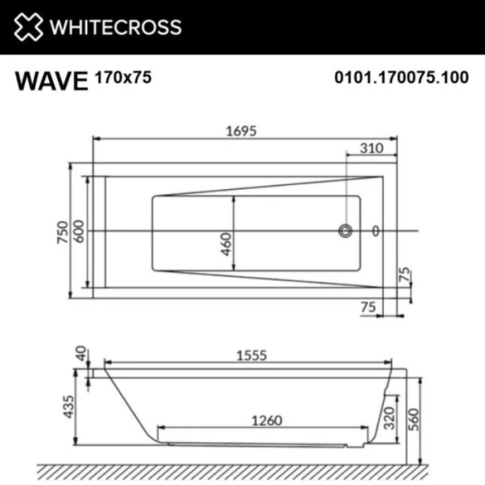 Акриловая ванна Whitecross Wave 170х75 белая 0101.170075.100 - 2