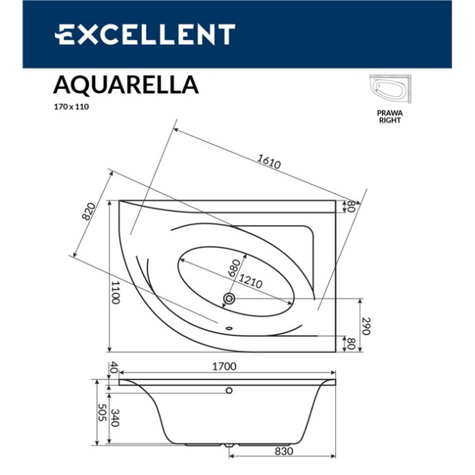 Ванна акриловая Excellent Aquarella Ultra 170x110 R с гидромассажем белый - бронза WAEX.ARP17.ULTRA.BR - 8