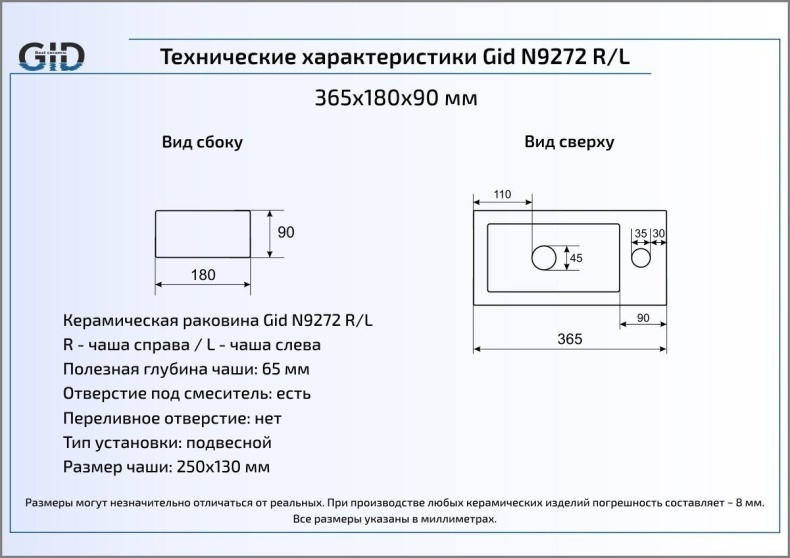 Подвесная раковина Gid  36.5 см  N9272R - 1
