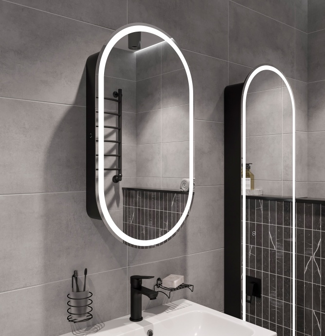 Зеркало-шкаф STWORKI Мальмё МВК073 45, с подсветкой, черный, навесной, в стиле лофт, светодиоды - 8