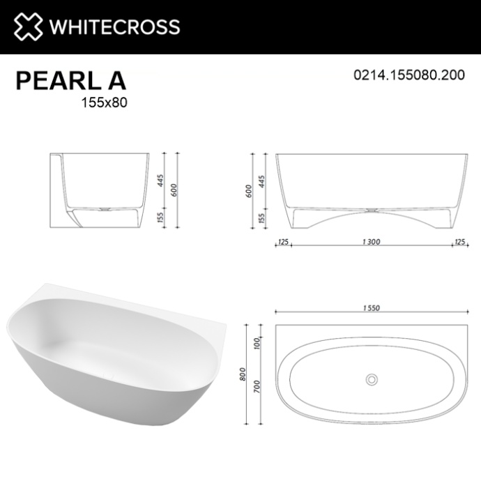 Ванна из литьевого мрамора Whitecross Pearl A 155х80 белая матовая 0214.155080.200 - 3