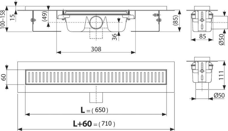 Водоотводящий желоб с порогами для перфорированной решетки горизонтальный сток, 650 мм, APZ1S-650 - 5