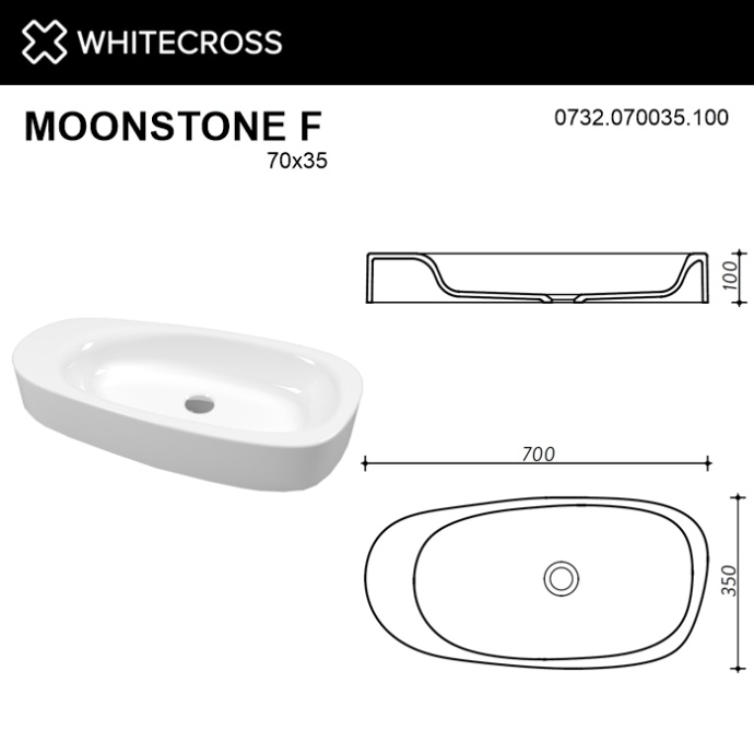 Раковина накладная Whitecross Moonstone F 70х35 белая глянцевая 0732.070035.100 - 2
