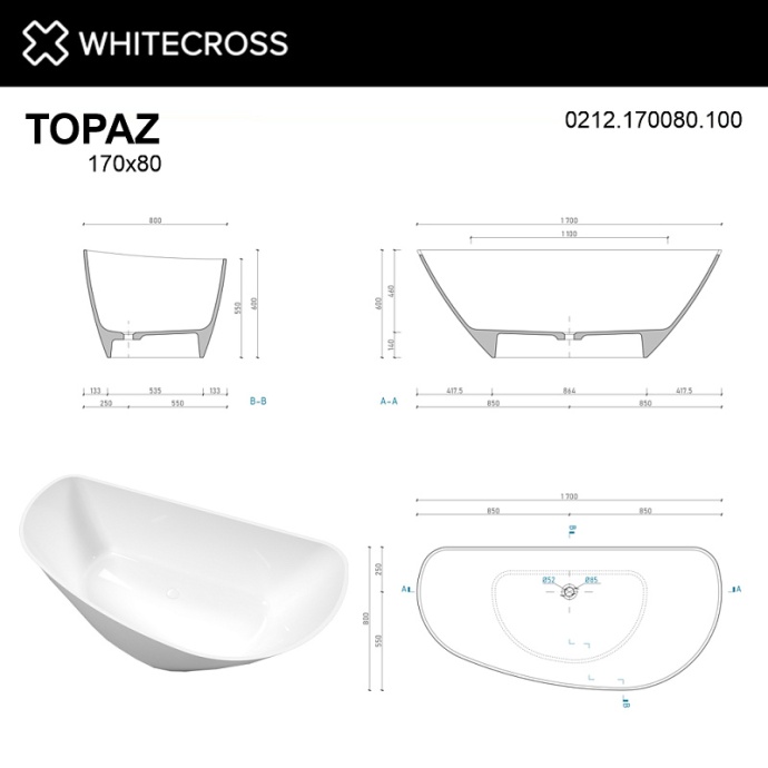 Ванна из литьевого мрамора Whitecross Topaz 170х80 белая глянцевая 0212.170080.100 - 2