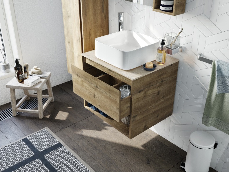Мебель для ванной STWORKI Карлстад 60 дуб рустикальный, простоун беж, с отверстием под смеситель в столешнице 425192 - 5