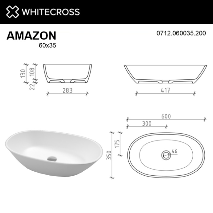 Раковина накладная Whitecross Amazon 60x35 белый матовый 0712.060035.200 - 6