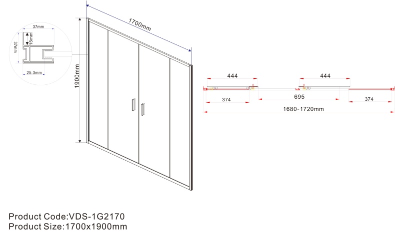 Душевая дверь в нишу Vincea Garda VDS-1G2170CL 170 см, профиль хром, стекло прозрачное - 6