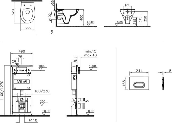 Комплект VitrA S20 9004B003-7202 подвесной унитаз + инсталляция + кнопка - 10
