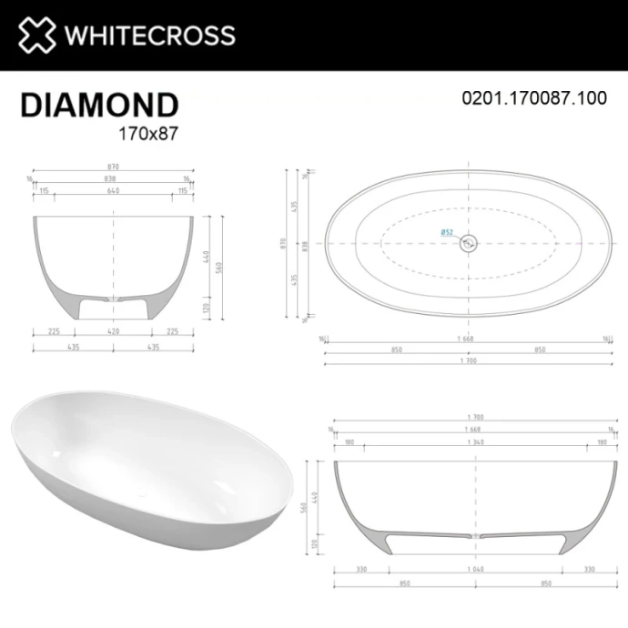 Ванна из литьевого мрамора Whitecross Diamond 170х87 белая глянцевая 0201.170087.100 - 3