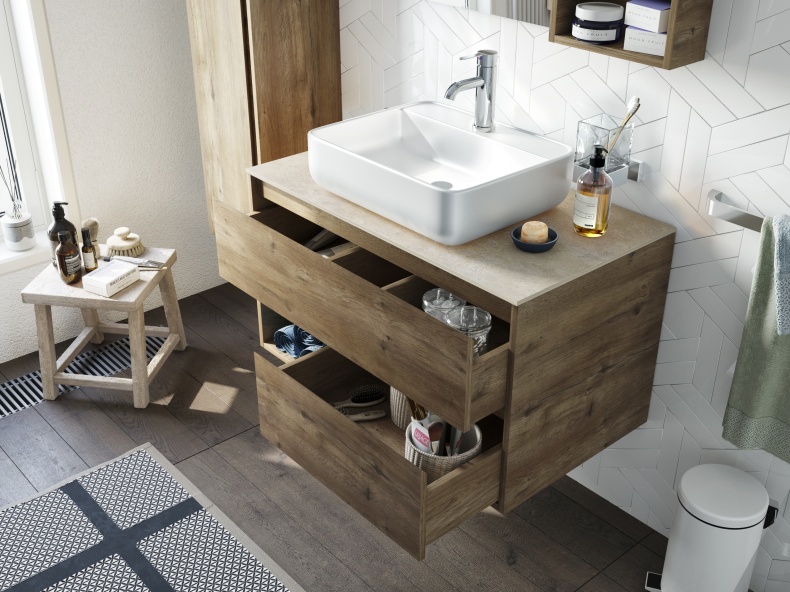 Мебель для ванной STWORKI Карлстад 90 дуб рустикальный, простоун беж, в стиле лофт, подвесная, российская 425512 - 2