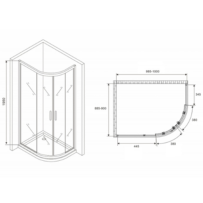 Душевой уголок Abber Schwarzer Diamant 100х90 хром стекло прозрачное AG01190 - 1