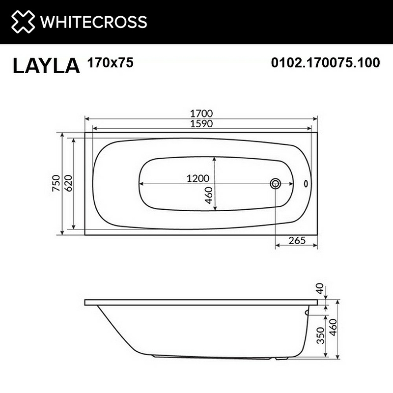 Акриловая ванна Whitecross Layla 170х75 белая золото с гидромассажем 0102.170075.100.RELAX.GL - 2