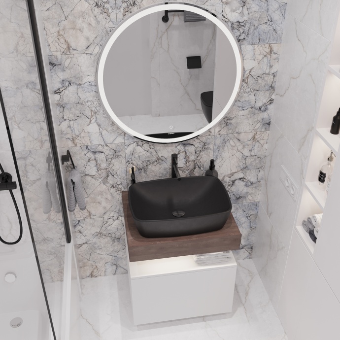 Мебель для ванной STWORKI Ольборг 60 столешница дуб карпентер, без отверстий, с тумбой 60, с раковиной Vitra Shift черной 542610 - 2